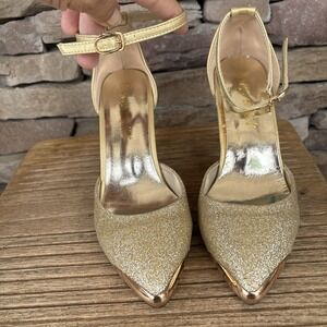 Crape Myrtle Womens Gold W/Glitter Platted Pointed Toe/ Strap Back Heels 35/5